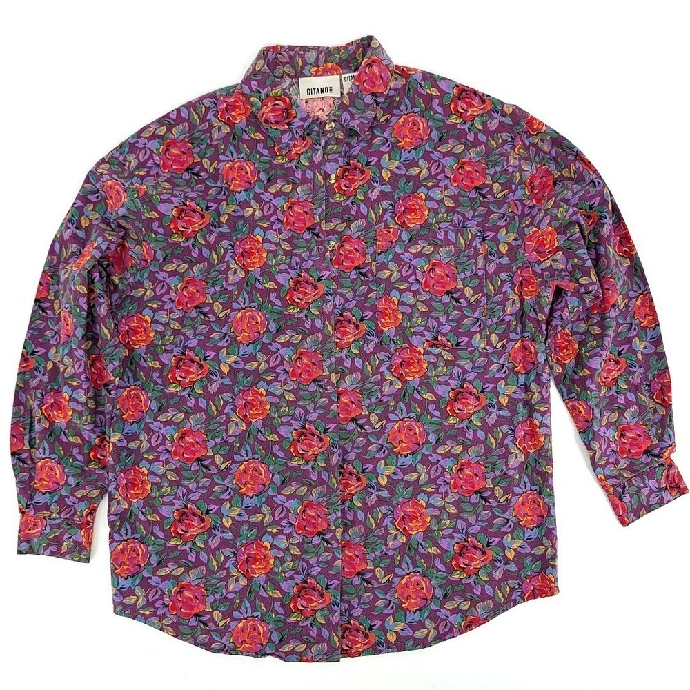 Vintage‎ Gitano Floral Rose Button Down Shirt Purple Red